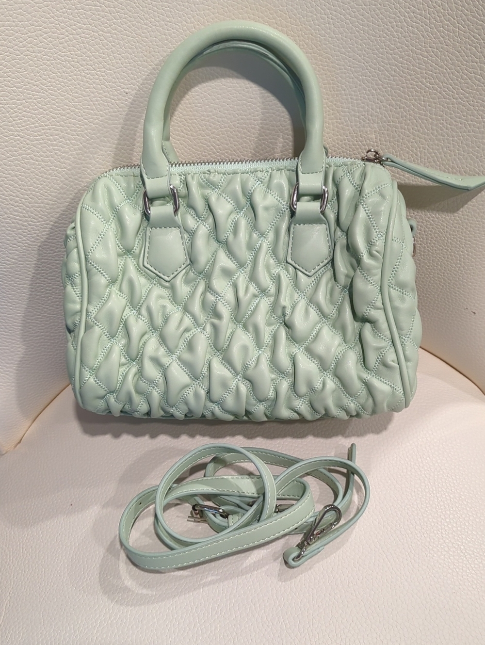 Quilted Mint Green Handbag with Removable Strap
